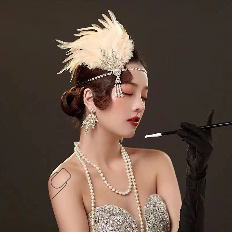 Mahkota Pengantin Vintage 1920an - Bulu Burung Unta Hitam + Payet Mutiara - Gaya Great Gatsby Mewah