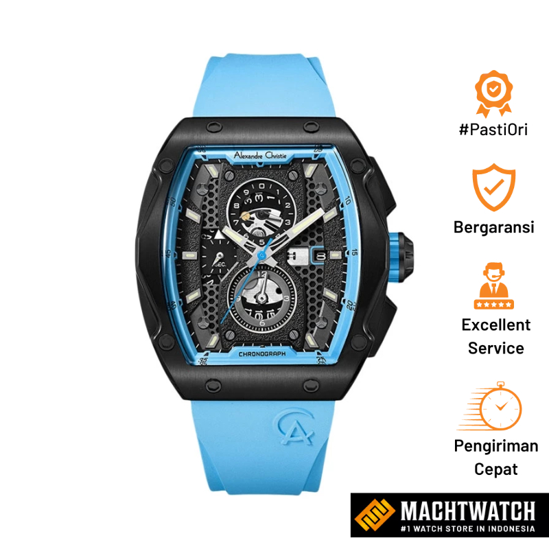 JAM TANGAN PRIA ALEXANDRE CHRISTIECHRONOGRAPH AC 6608 MC RIPBALB MEN BLACK DIAL BLUE RUBBER STRAP