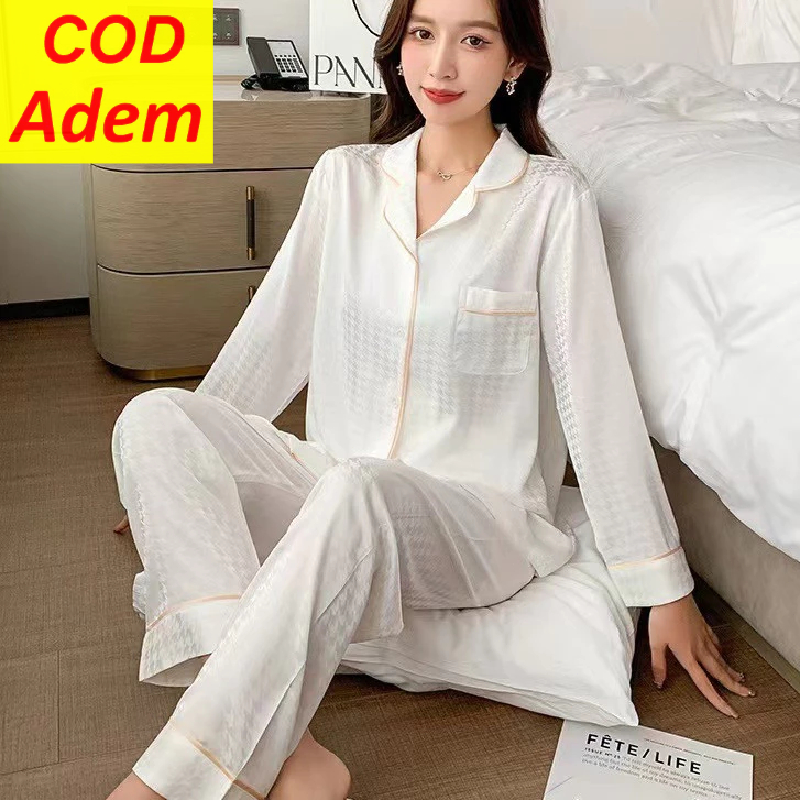 Setelan Baju Tidur Piyama Wanita Lengan Panjang Dewasa Sutra Es  Korea Terbaru 2025