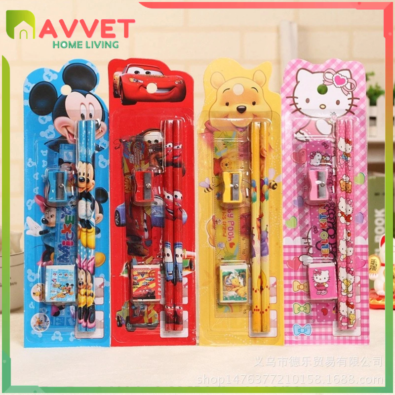 

AVVET Stationery Set 5 in 1 Alat Tulis Anak Sekolah Penghapus penggaris Pensil Serutan Karakter Lucu