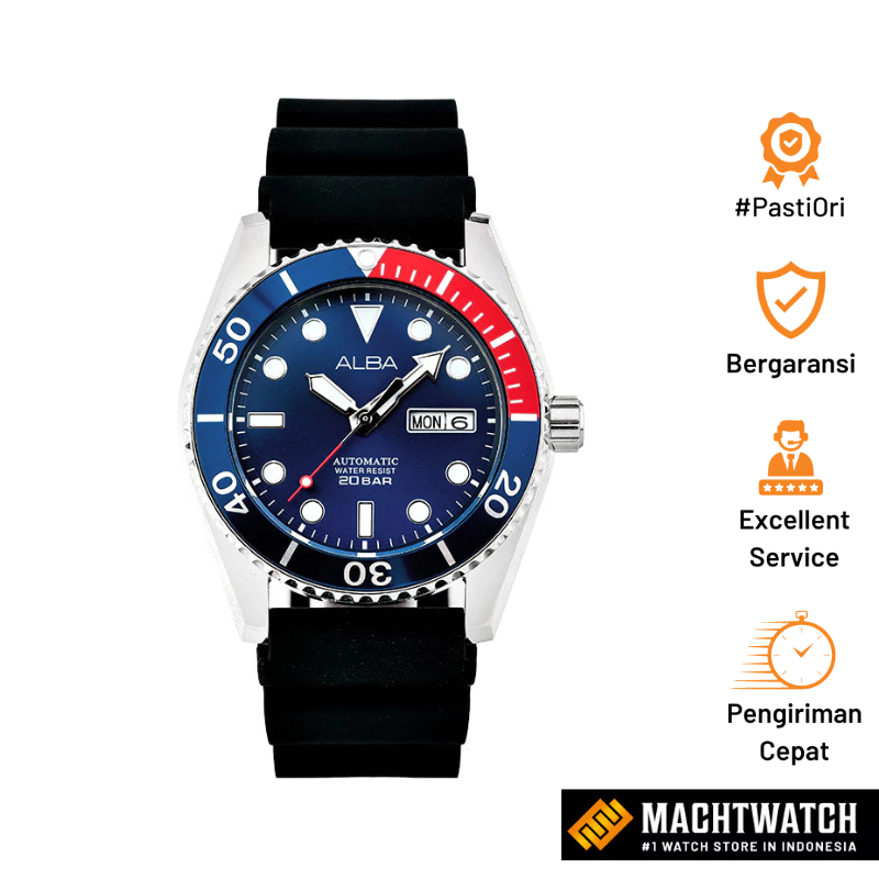 Jam Tangan Pria Alba AL4425X1 Automatic Men Blue Dial Black Silicone Strap