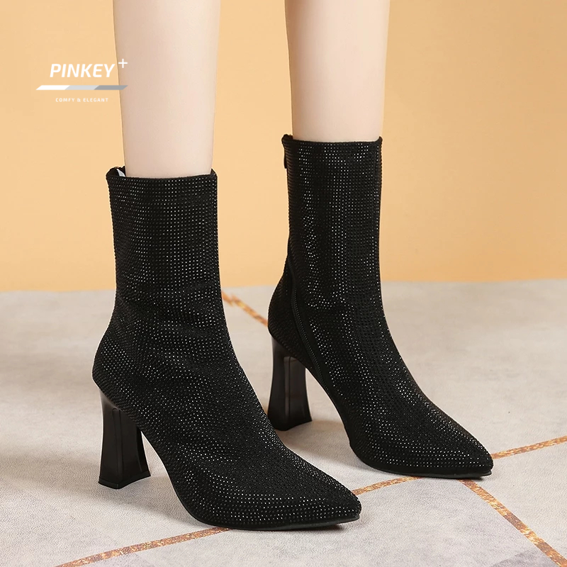 promo pinkey p377 sepatu wanita boots import korea heels hak tinggi 7cm model boots black shoes