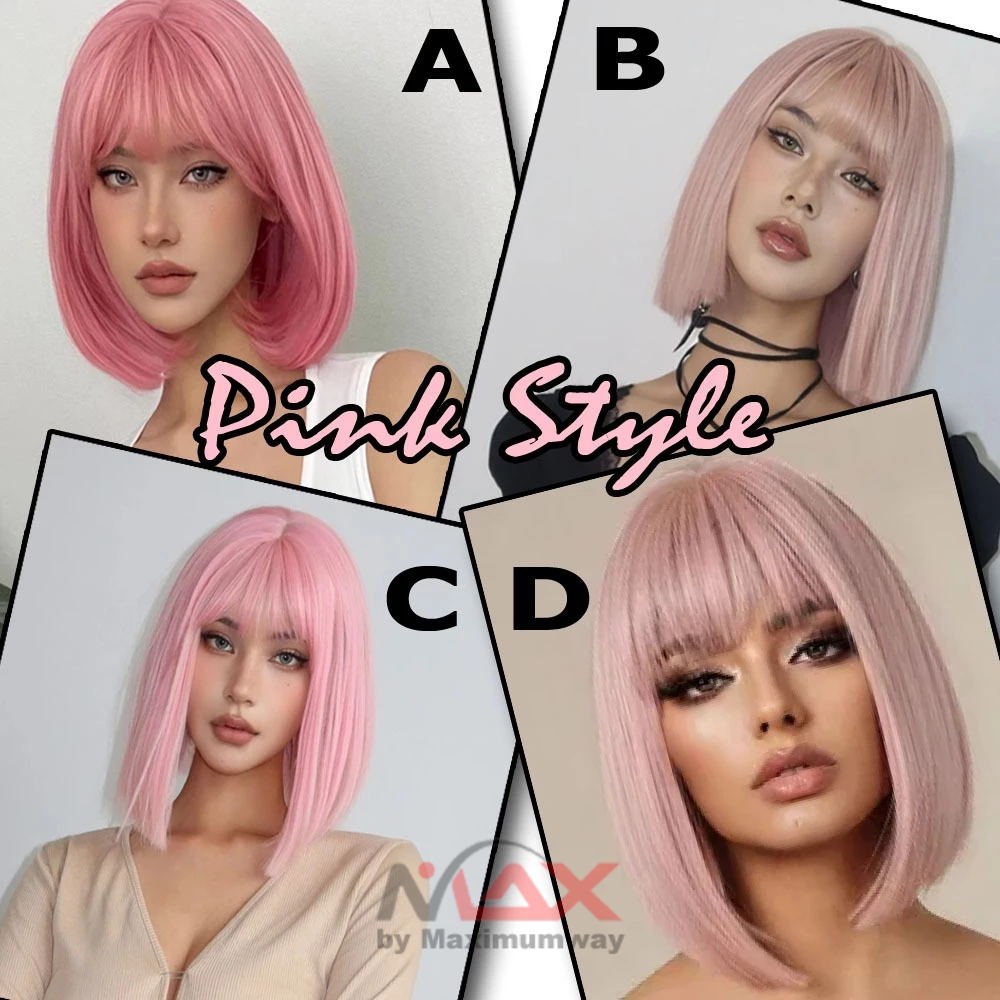 Wig Rambut Palsu Model Bob Pendek Sebahu Pink untuk Wanita Cosplay