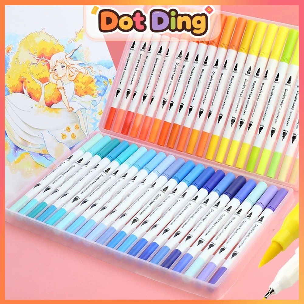 

[DOTDING] ‌Spidol 2 Ujung 12/24/36/48/60/80 Warna - Fiber Tip & Kuas Tahan Air Aman untuk Anak Pensil Warna Siswa Paket Hadiah