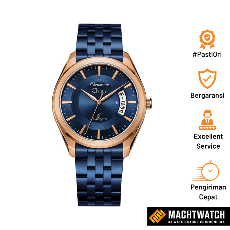 Jam Tangan Pria Alexandre Christie Classic Steel AC 8674 MD BURBU Men Blue Dial Blue Stainless Steel