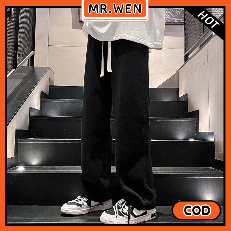 Celana Jeans Hitam Pria Celana Longgar Jeans Pinggang Karet Korean Style Celana Jeans Panjang Pria