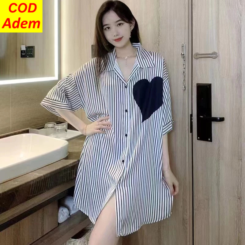 Dress Tidur Korea Wanita Kekinian/Piyama Dress Kemeja Sutra Es Jumbo Longgar Sleepwear Wanita