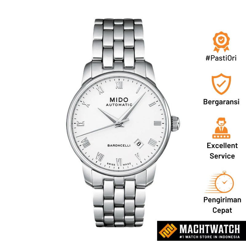 Jam Tangan Pria Mido Baroncelli M8600.4.26.1 Men Automatic White Dial Stainless Steel Strap