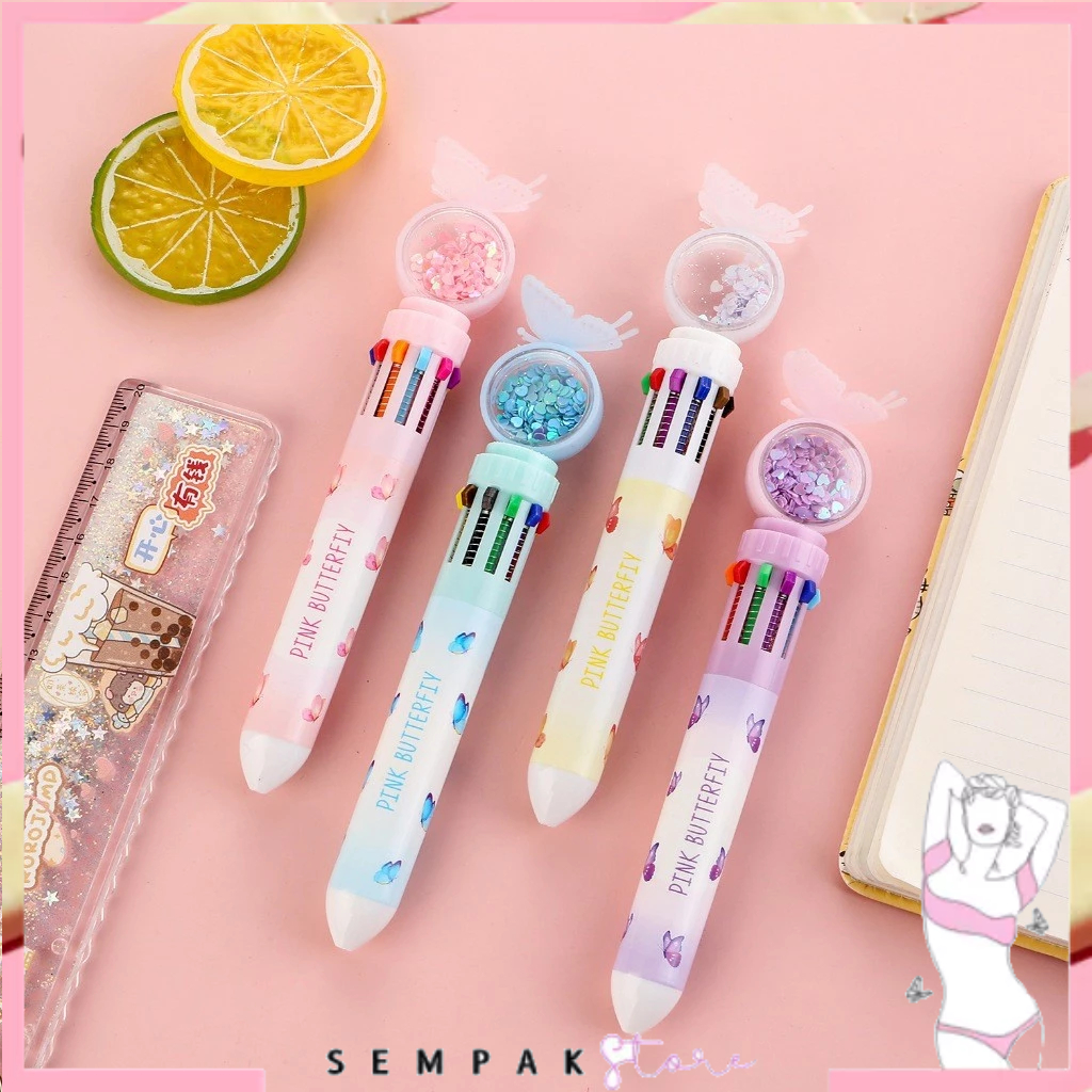 

SS Pulpen Gliter Motif Kupu-Kupu Pulpen 10 Warna Aesthetic Pena Ballpoint Karakter Lucu