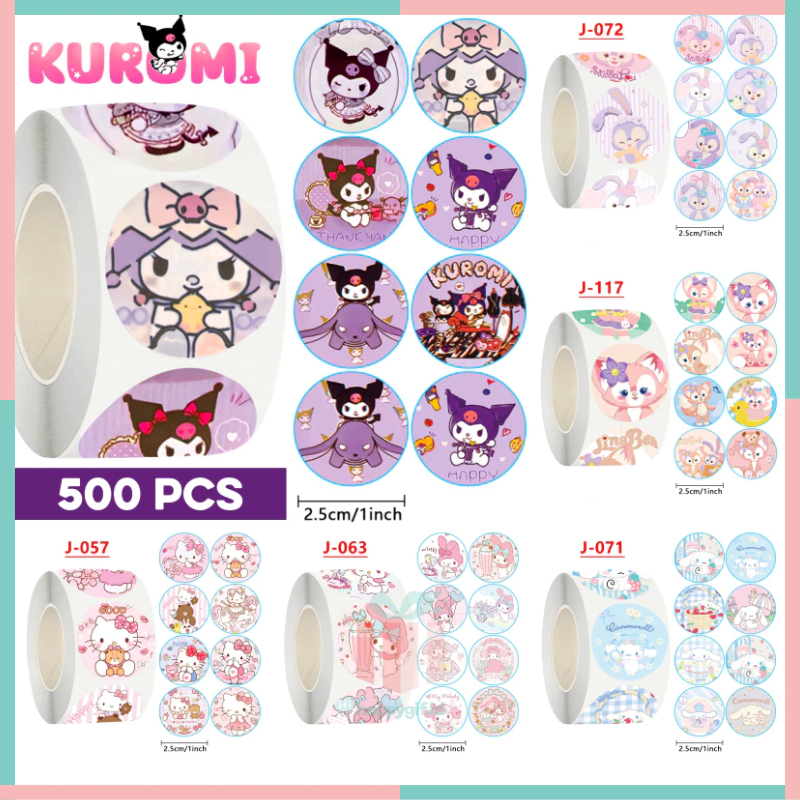 

500 Pcs Stiker Label Sanrio Kuromi Cinnamon Melody Hello Kitty Thank You Sticker 2.5cm Bulat ST001
