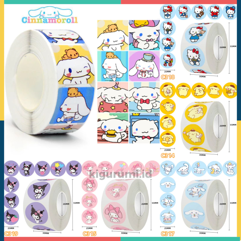 

Stiker Roll Sanrio 500 Pcs Sticker Bulat Roll Kuromi Melody Hello Kitty Purin Cinnamon ST001