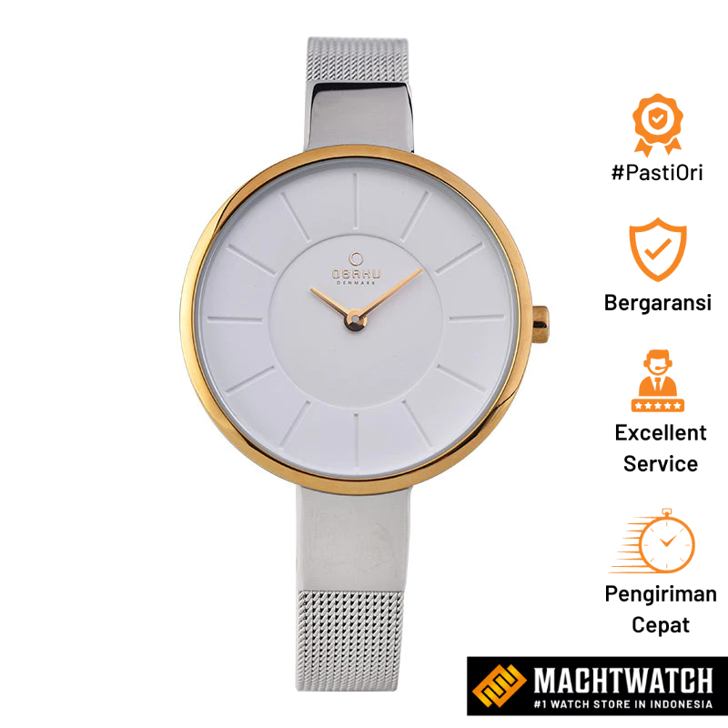 Jam Tangan Wanita Obaku V149LXAIMC Sol Gold-Bi Silver White Dial Stainless Steel Mesh Strap