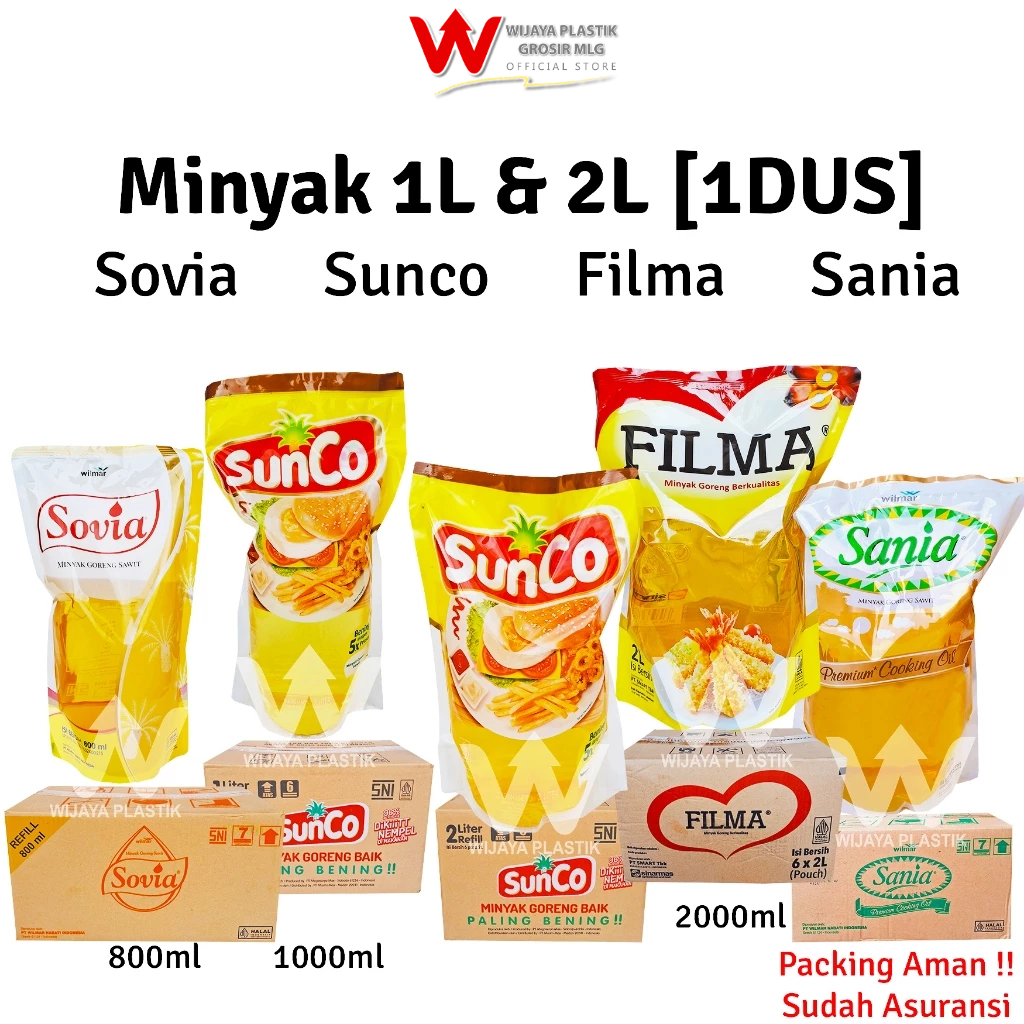 

[GROSIR 1 DUS] Minyak [SOVIA SUNCO FILMA SANIA] 1L & 2L --- 6 12 Pack @DUS | 1 2 liter lt L sovia 800 ml sunco sania bening goreng kelapa sawit murah wilmar Dus