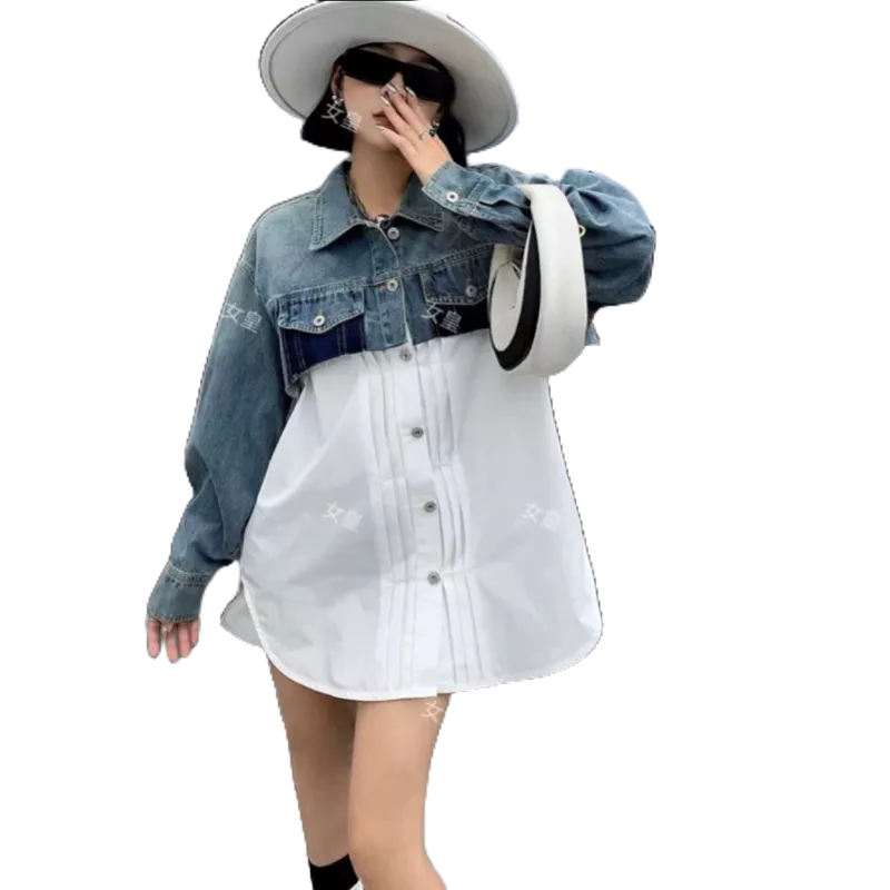 Oversize Kemeja Jeans Premium Atasan Wanita Lengan Panjang Kombinasi jeans Import AstridAlbab