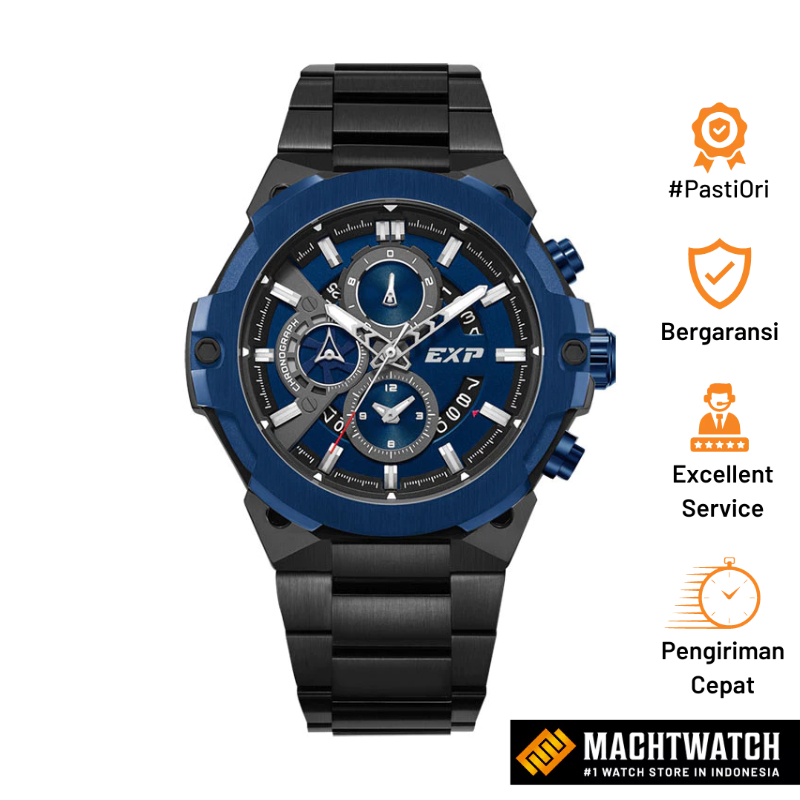 Jam Tangan Pria Expedition Chronograph E 6838 MC BUBBU Men Blue Dial Black Stainless Steel Strap