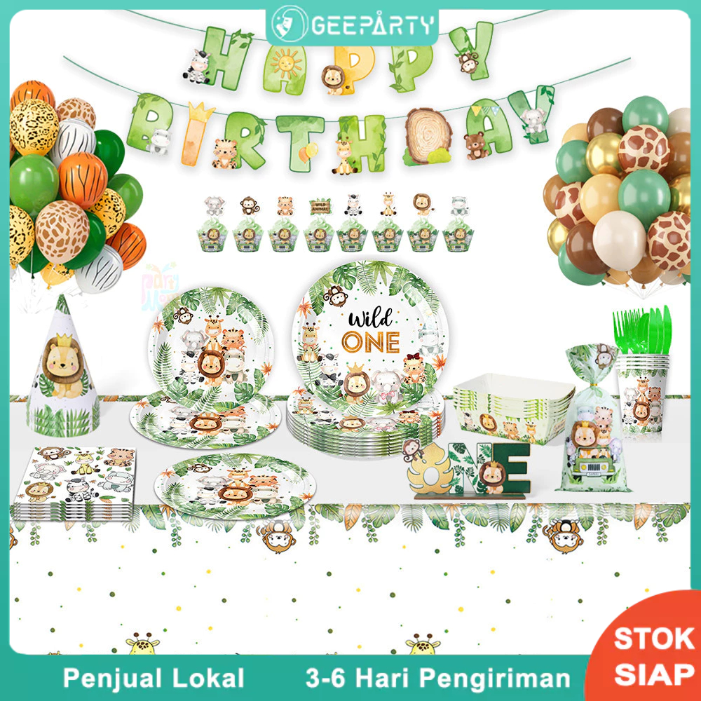 Set Peralatan Makan Pesta Liar Satu Set Pola Hewan Safari Singa Jerapah Safari Untuk Perlengkapan Pe