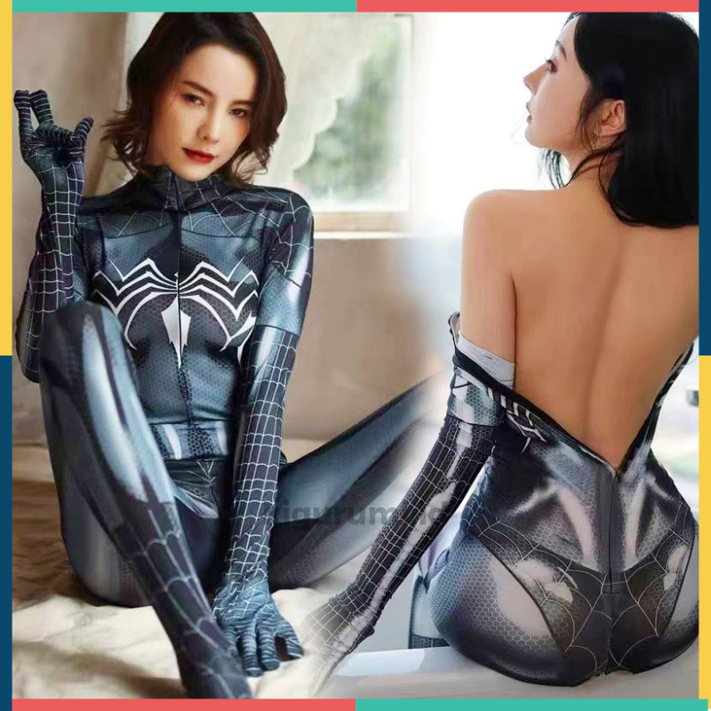 Cosplay Spiderwoman Halloween Bodysuit Wanita Kostum Playsuits Jumpsuit Sexy Spiderman