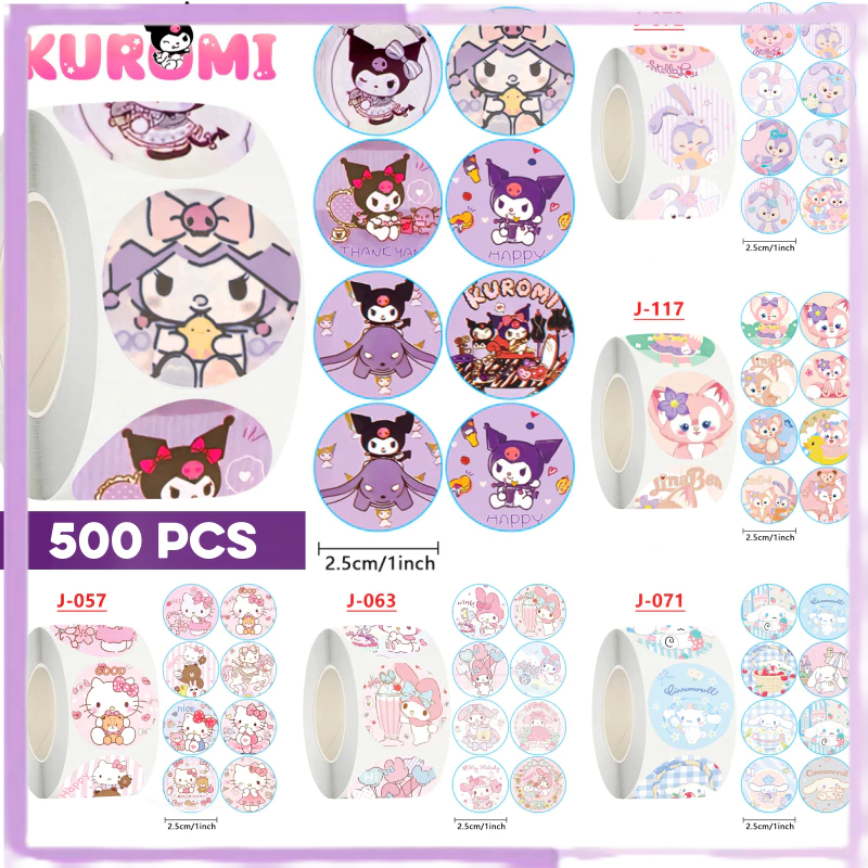 

Stiker Label Sanrio Kuromi Cinnamon Melody Hello Kitty Thank You Sticker 2.5cm Bulat 500 Pcs ST001