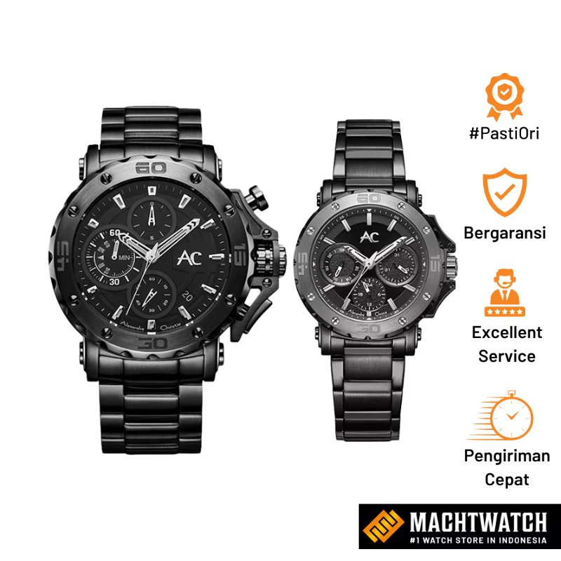 Jam Tangan Couple Alexandre Christie AC 9205 BEPBA Couple Black Dial Black Stainless Steel Strap