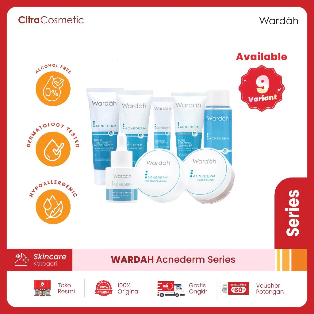 Wardah Acnederm Series Cleanser | Cream | Toner | Serum | Micellar Water | Spot Gel | Powder