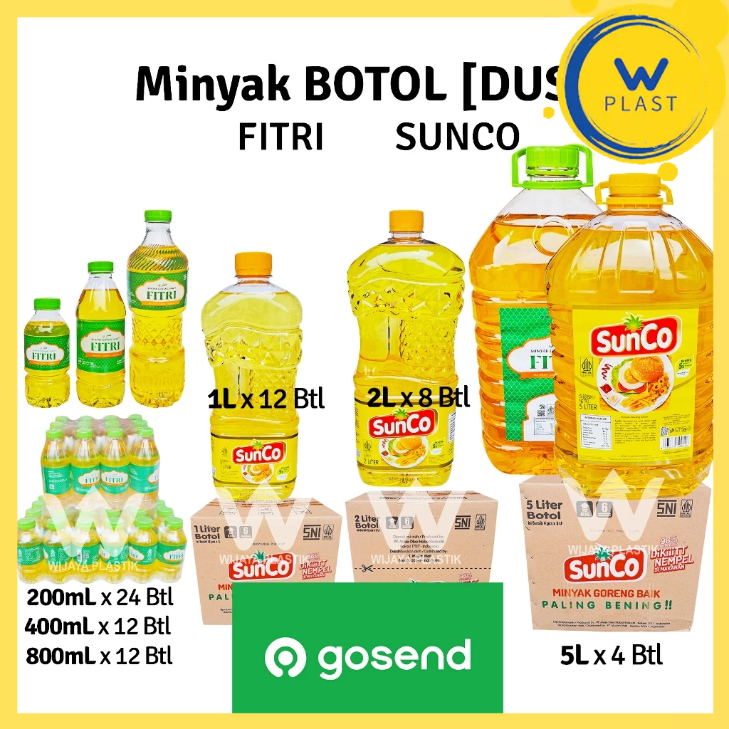 

[1 DUS] [INSTANT] Minyak [SOVIA SUNCO FILMA SANIA FITRI FRAISWELL RIZKI] 200 400 500 800 mL 1L 2L 5L --- 4 6 8 12 24 Pack @DUS | 1 2 5 liter lt L sovia rizki botol bening goreng kelapa sawit murah wilmar gosend grab same day wilmar BKP Dus