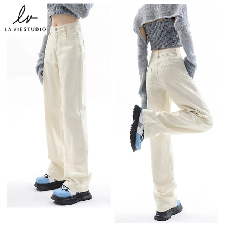 Celana jeans putih wanita celana jeans kekinian jeans high waist wanita korean style straight jeans 