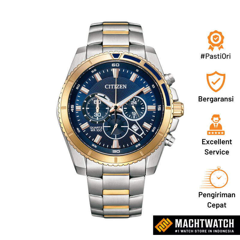 Jam Tangan Pria Citizen Chronograph AN8206-53L Men Blue Dial Dual Tone Stainless Steel Strap