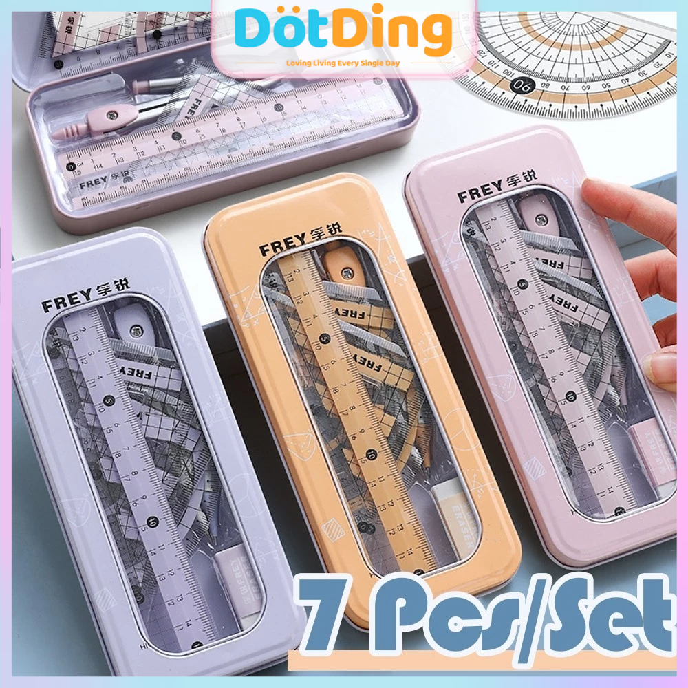 

[DOTDING] ‌7PCS Kompas Set Matematika + Kotak Pensil Logam Tahan Lama - Alat Tulis Sekolah & Kantor Bonus Penggaris & Penghapus‌/7 Pcs/Set Geometry Compasses Ruler Protractor Cute Drawing Math Study Tool School Stationery H261