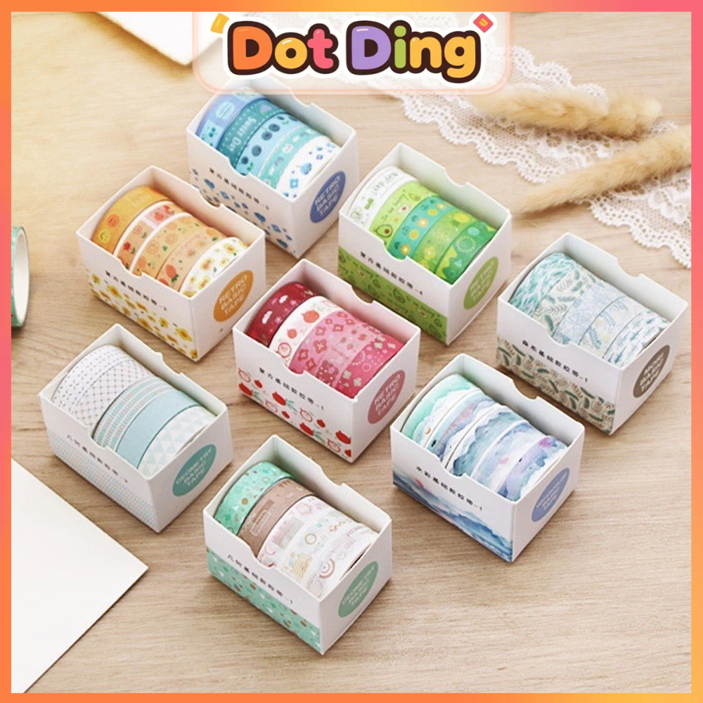 

[DOTDING] ‌Washi Tape Motif Bunga & Geometri - 5 Rolls Kertas Tipis dengan Packaging Kotak Hadiah untuk Crafting Sekolah Q045