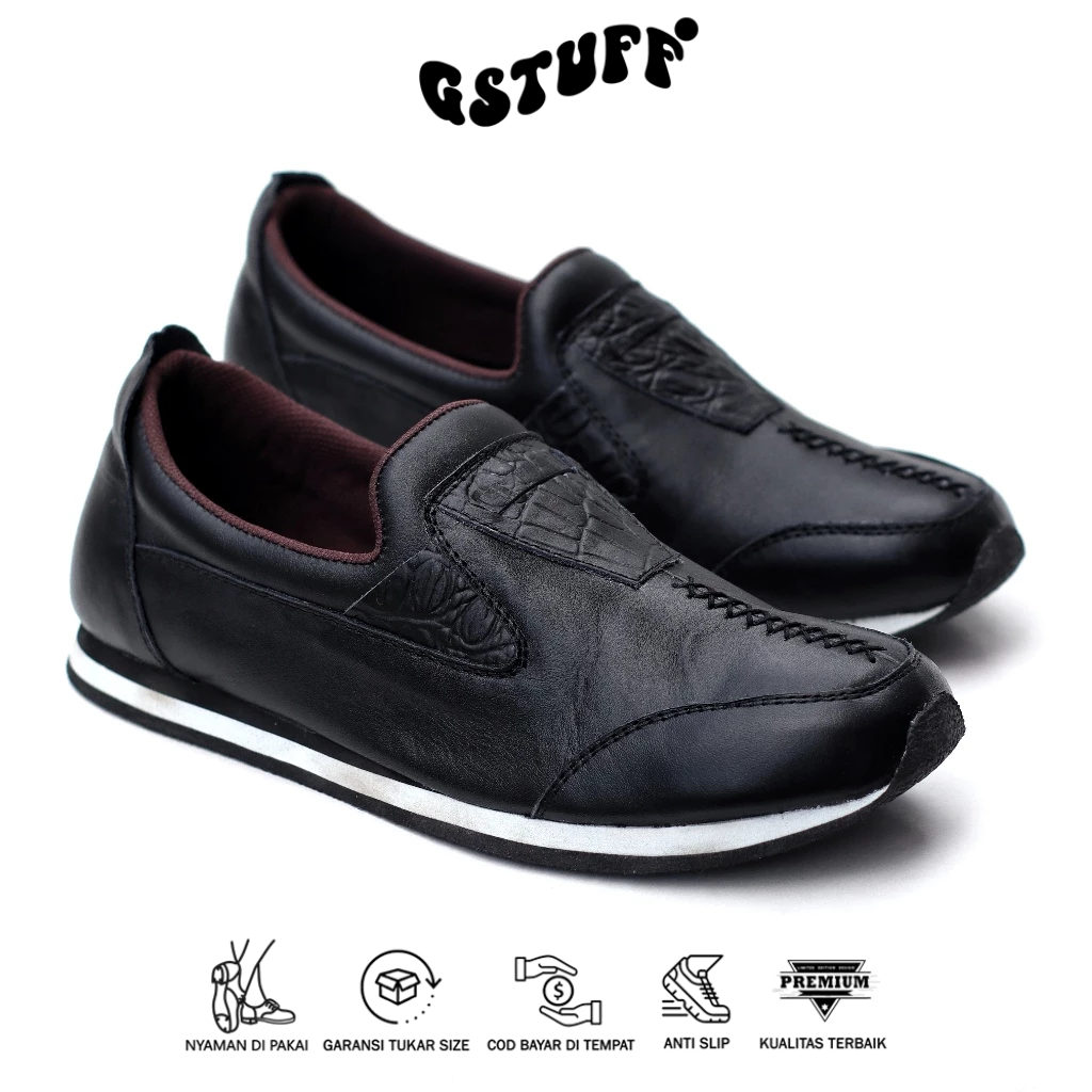 STF - COMBI Sepatu Slip On Sneakers Kasual Hitam Pria Kulit Asli
