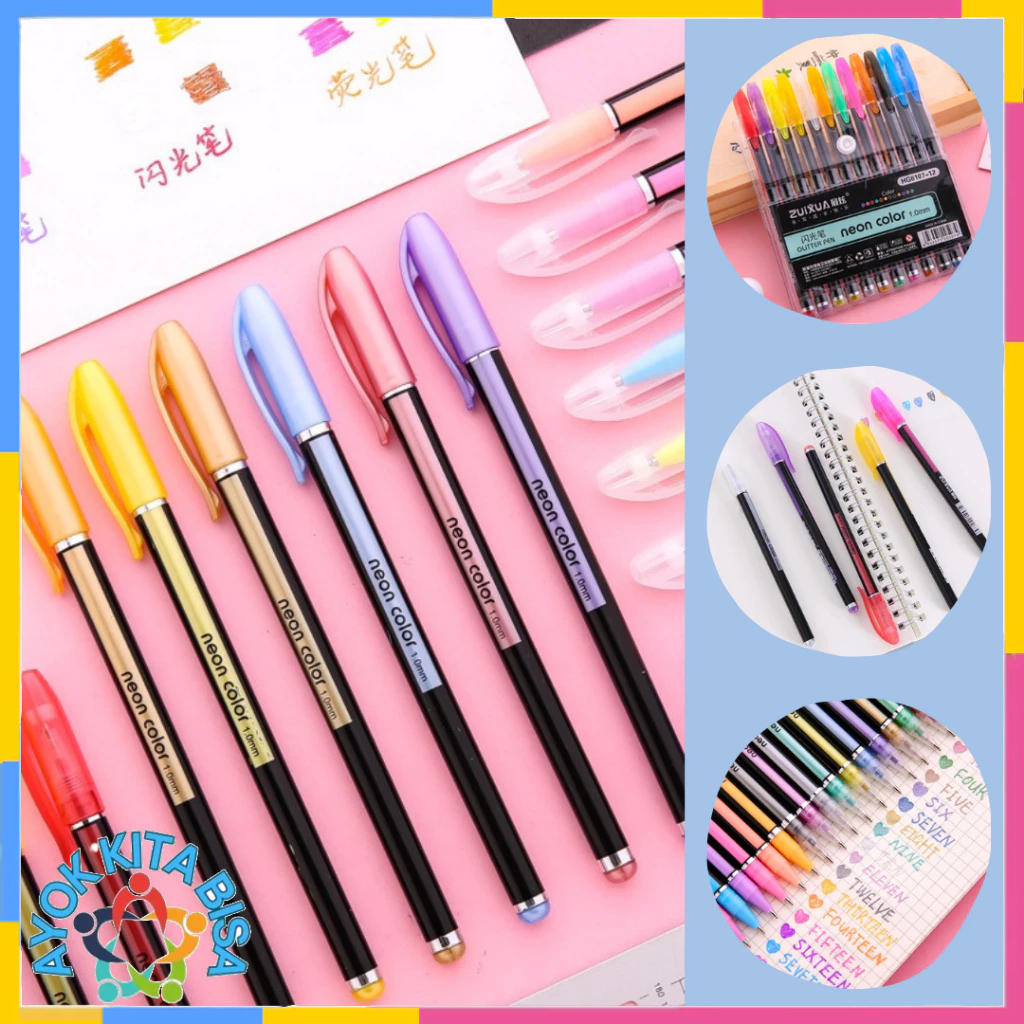 

AKB Pena Glitter Metalik 1.0mm Isi 12pcs Pulpen Warna Warni Tinta Pastel Neon Color Pen Pastel Ballpoint Craftwork Scrapbook Gel Ink Highlighter Penanda Buku Warna Warni Ujung Lembut t