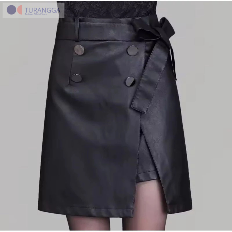 Rok Kulit Rok Mini Terbaru PU Leather Sexy Short Skirt With Belt Fall Elegant Short Bodycon Skirt Bo