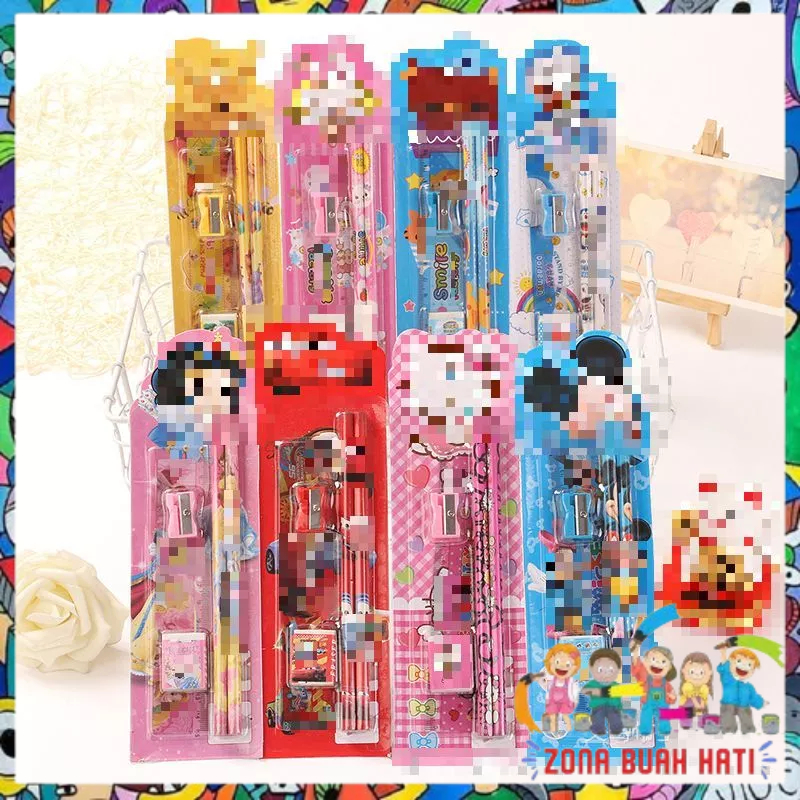 

ZBH Stationery Set 5 in 1 Alat Tulis Anak Sekolah Penghapus penggaris Pensil Serutan Karakter Lucu