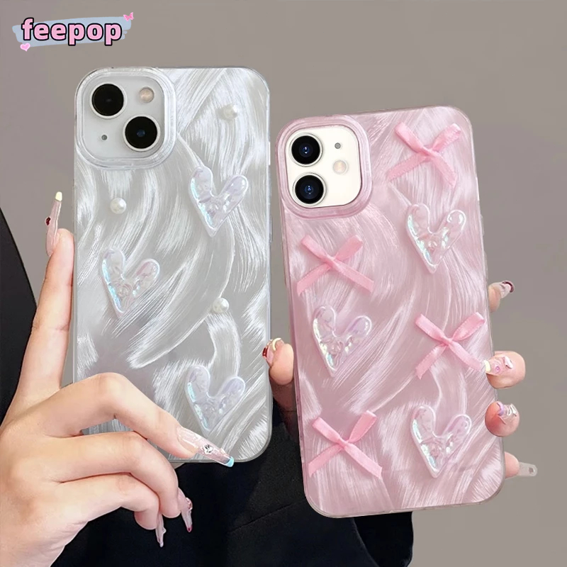 Casing iPhone Ponsel Pink Bow Heart Camlet Casing Ponsel Mewah Cocok untuk iPhone 13 11 7Plus; iPhon