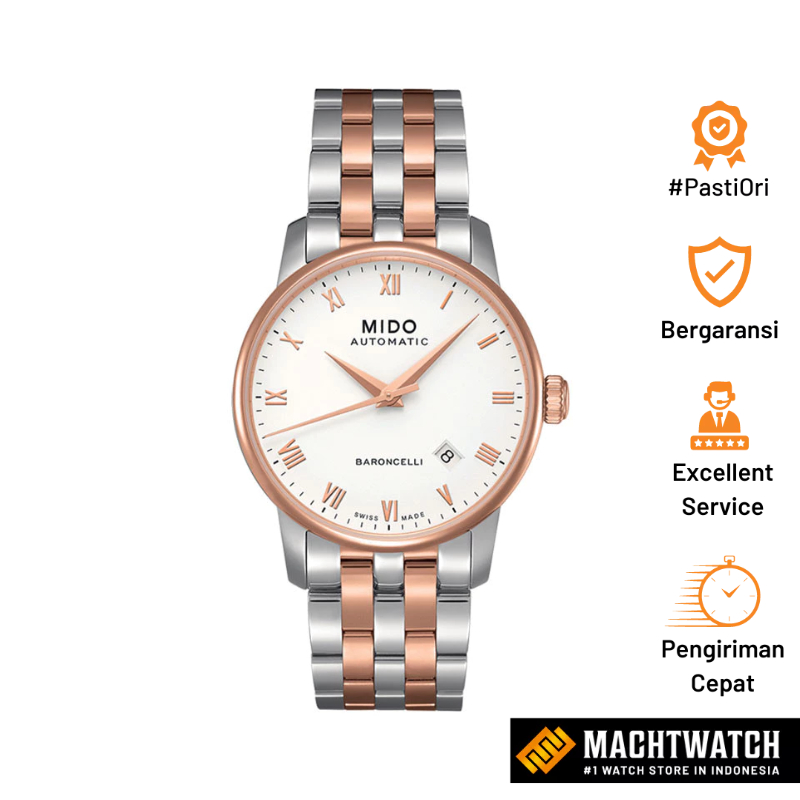 Jam Tangan Pria MIDO Baroncelli II M8600.9.N6.1 Automatic White Dial Dual Tone Stainless Steel Strap
