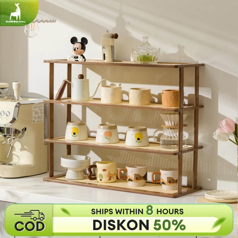 Rak Meja Rak Gelas Bambu Rak Penyimpanan Dapur Ruang Tamu dengan Dekorasi Tanaman Multifungsi