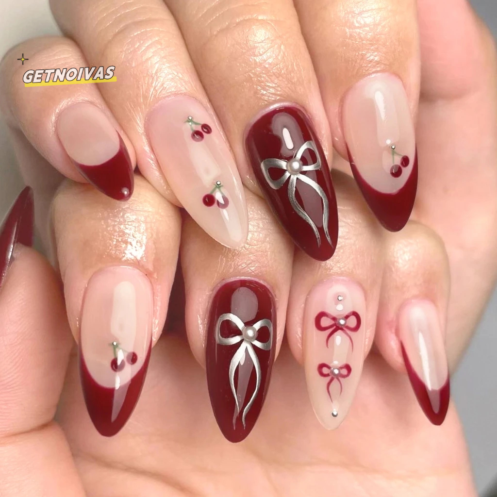 Kuku Palsu Wine Red French Tips - Motif Pita & Cherry 3D - Desain Manis ala Paris - Set Lengkap 24pc