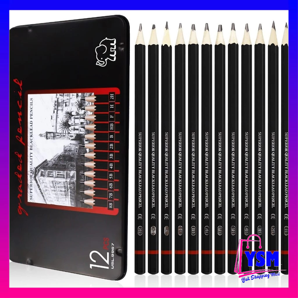 

YSM 12 pcs Pensil Gambar Sketsa Set Lengkap 2H H F B HB 2B 3B 4B 5B 6B 7B 8B Charcoal Pencils Set Perlengkapan Lukis