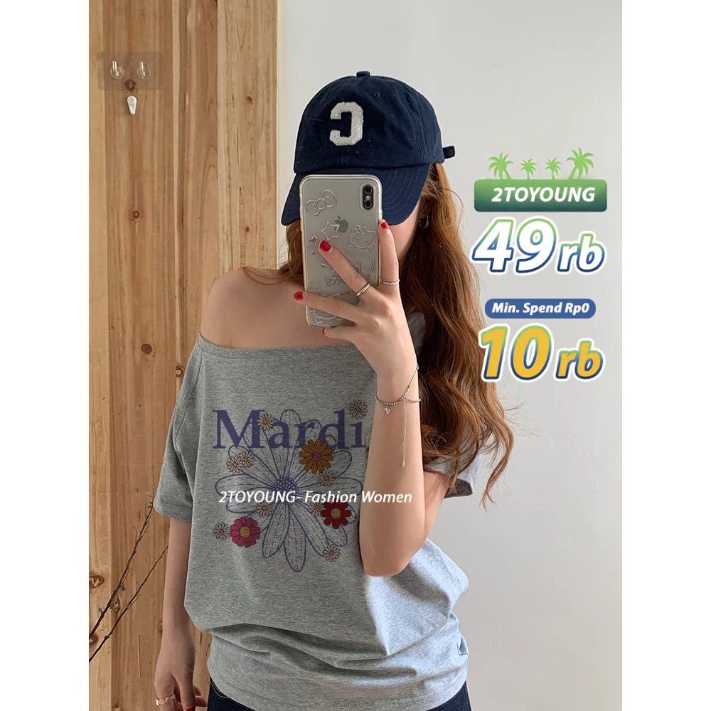 2TOYOUNG Pola bunga ungu baju atasan wanita terbaru y2k tee retro acleanfit T-shirt bahu miring over