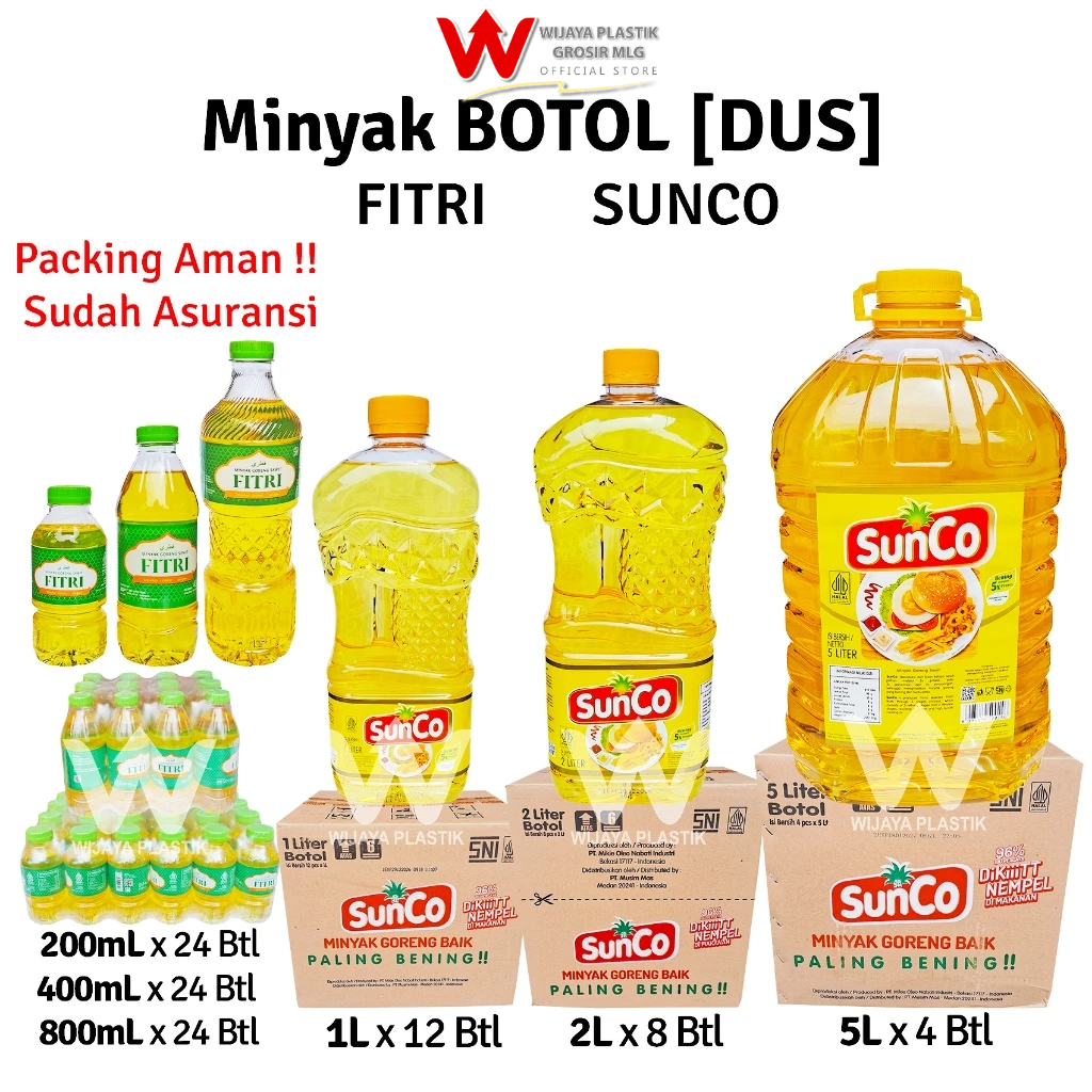 

[GROSIR 1 DUS] Minyak BOTOL [SUNCO & FITRI] 200 400 1L 2L 5L --- 4 8 12 @DUS | 200 400 800 ml 1 2 5 liter lt L sunco fitri filma bening goreng kelapa sawit murah wilmar DUS