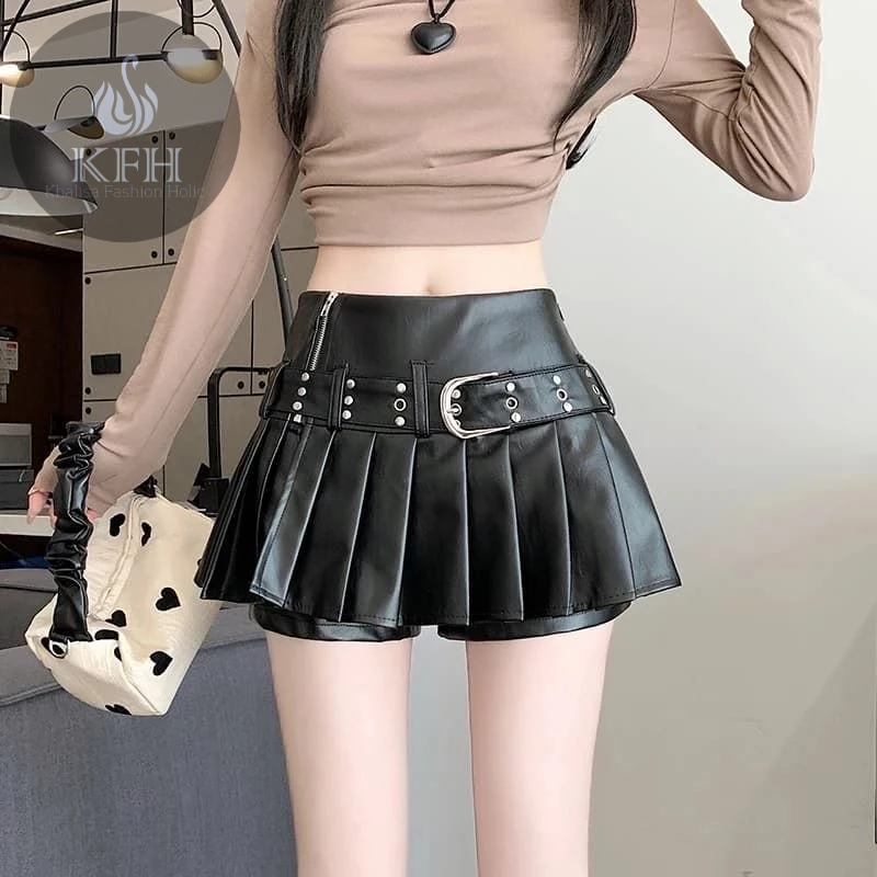 Rok Celana Korean Style Women's Black Gothic A-line Pleated Rok Celana Kulit PU Leather Skirt Mini S