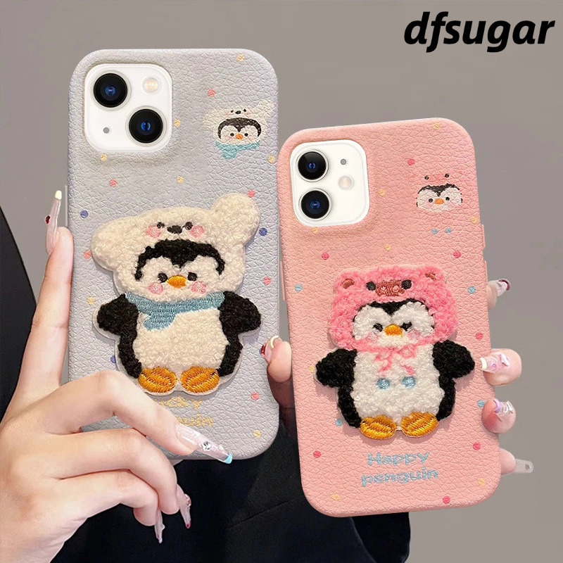 Casing hp iPhone Sarung Penguin Bordir Sarung Lembut Lucu Case Ponsel Cocok untuk iPhone 11 13 X XS 