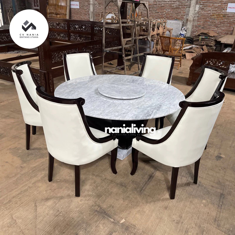meja makan marmer bulat carara diameter 160cm rangka kayu jati