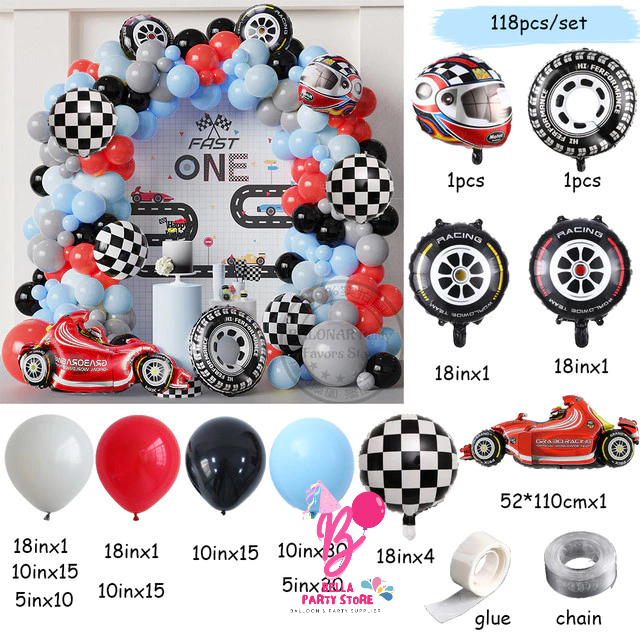 1Set Kit garland balon tema mobil balap helm ban Foil balon ultah racing anak-anak dekorasi pesta ul