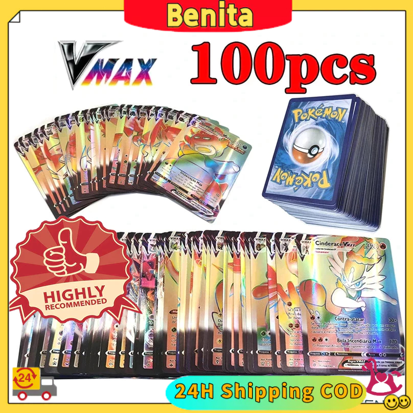 100pcs Pokemon Vmax Cards/Kartu Pokemon TCG Vmax Mega EX GX/Pokemon Shiny Cards/Kartu Laser Pokemon