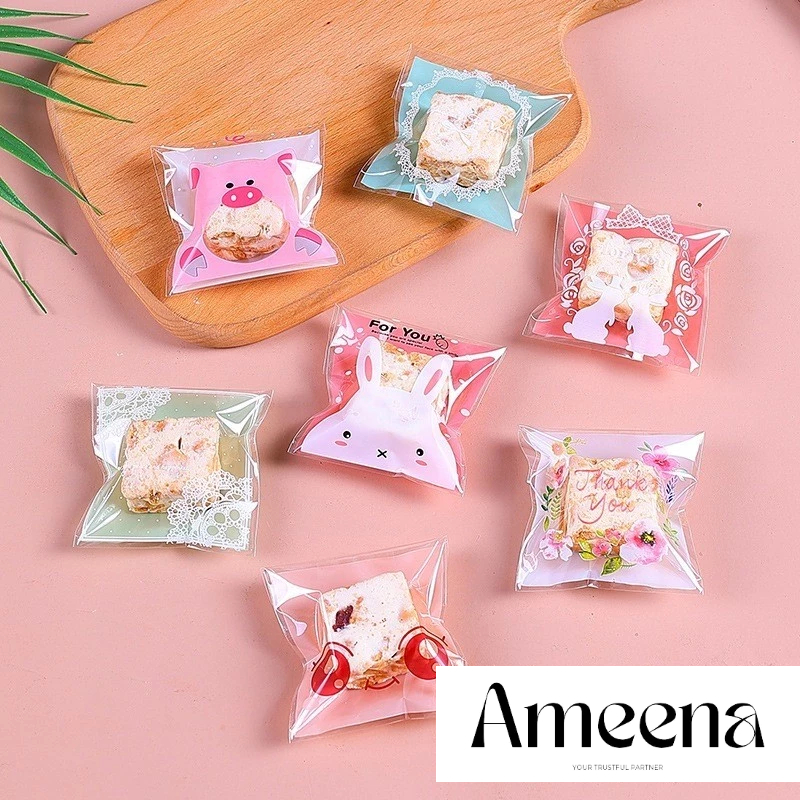 

1 Pack - 100Pcs plastik perekat 7x7cm kemasan cookies kue biskuit permen nougat