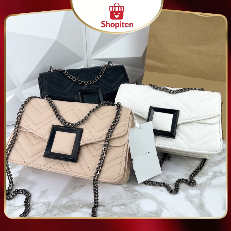 [FOTO ASLI] Tas Selempang Wanita Import Davina Bag Kulit Sintetis Motif Timbul Tali Rantai Panjang R