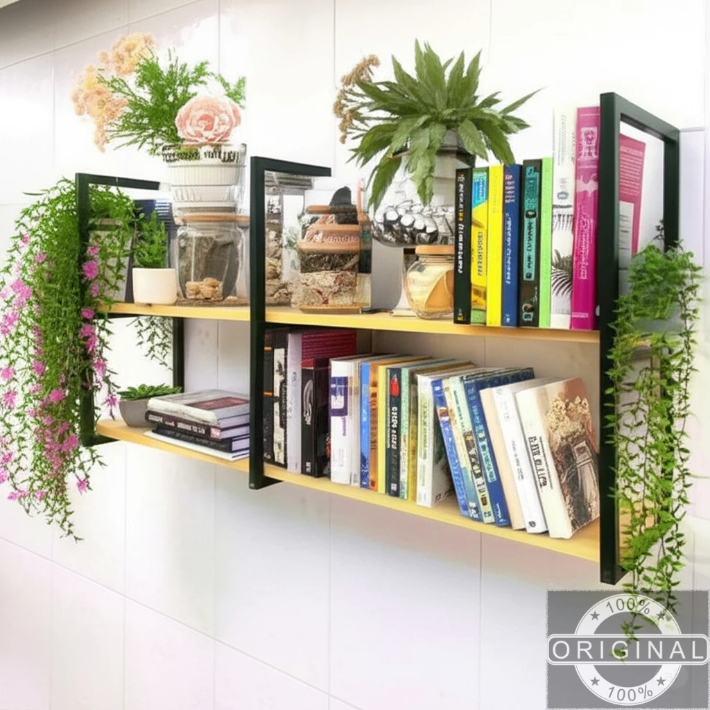 rak ambalan dinding susun estetik minimalis frame besi komplit dengan papan ambalan kayu lebar 20cm