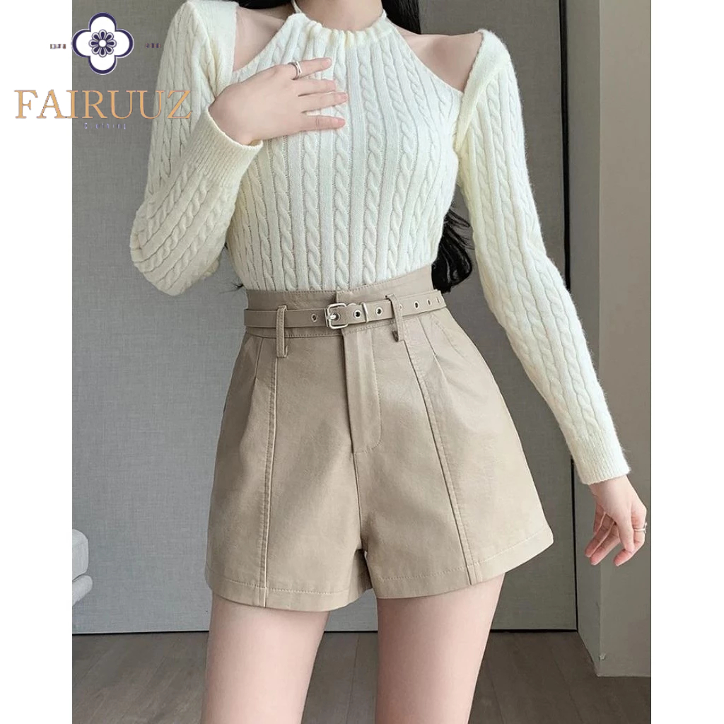 Celana Pendek Hotpants Kulit Vintage Casual PU Leather Model Pinggul Longgar High Waist Solid Color 