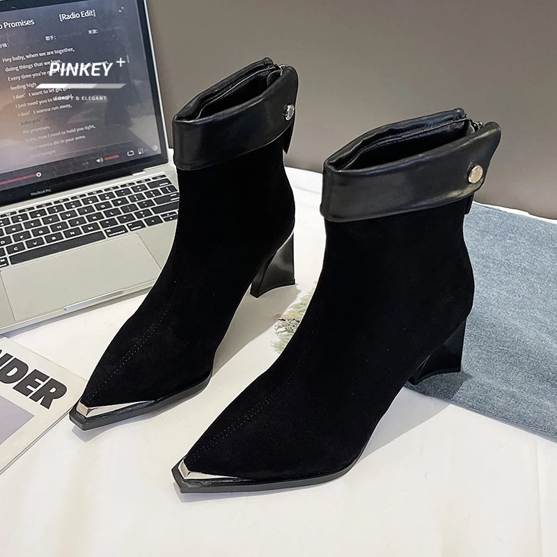 TERBARU HOT SALE PINKEY P385 Sepatu Wanita Boots Import Korea Heels Hak Tinggi 7cm Model Boots Black